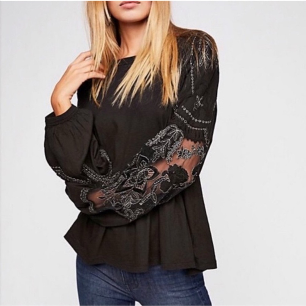 Free People Penny Embroidered Peplum Blouse Lace Whimsigoth Floral Sheer Billowy